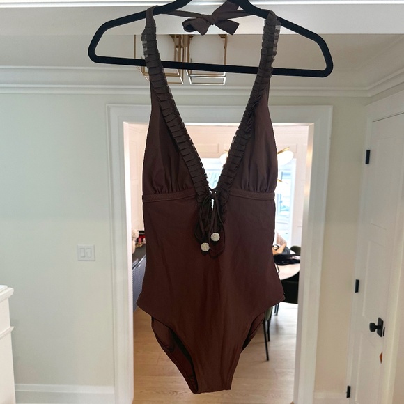SHAN Other - SHAN Halter-Style Choc. Brown Swimsuit w/ Elegant Pleating and Ties - Size 8-10